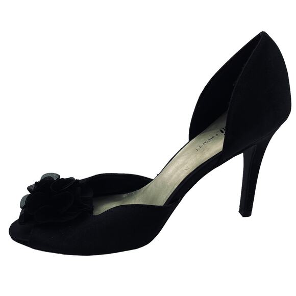 Fioni NIght Black Silky Fabric d'Orsay Bow Vamp Peep Toe Evening Heels 10 - Picture 1 of 11